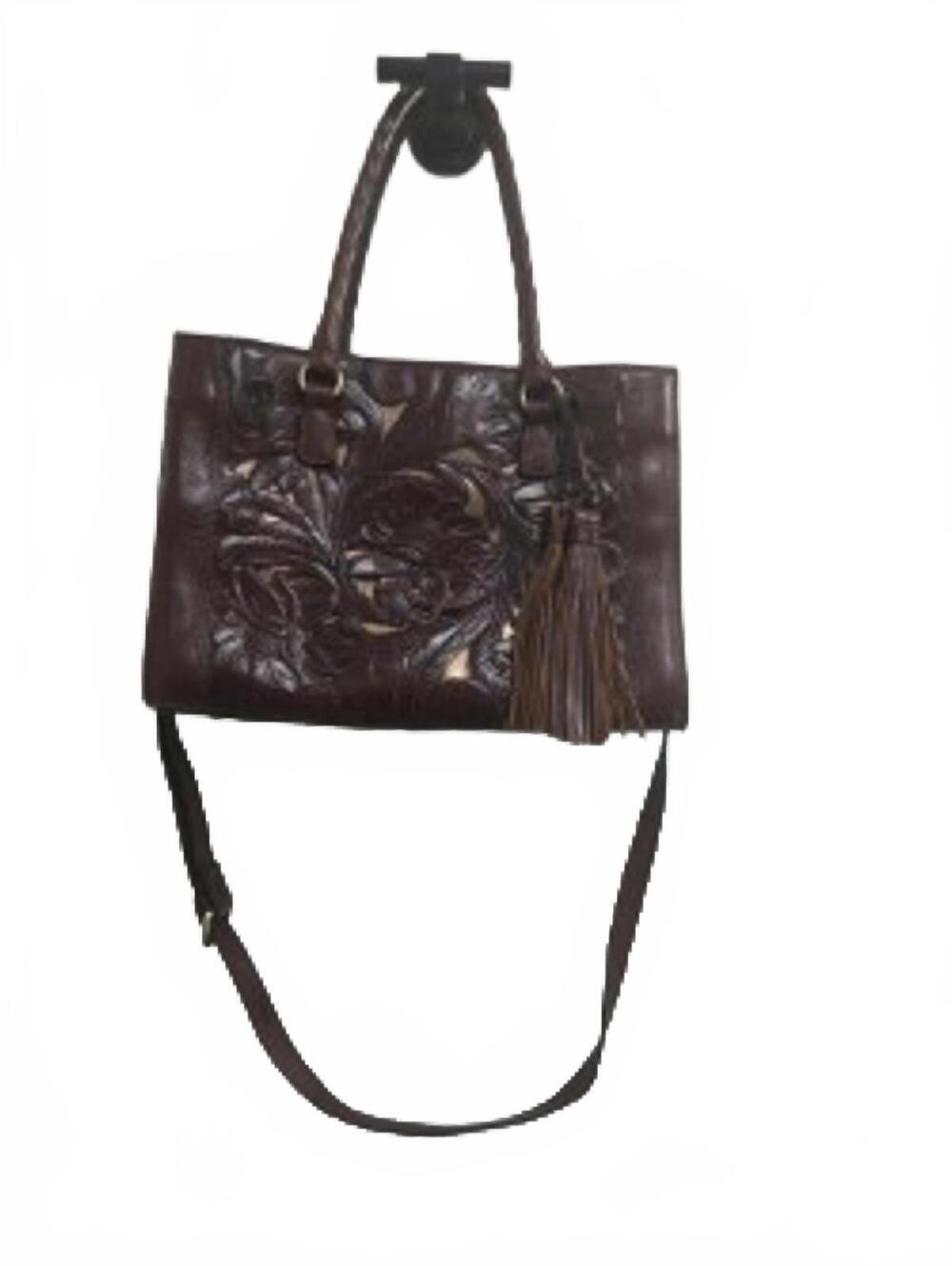 Particia Nash Brown Leather Tote Bag Embossed Floral Design and Tassel Accent